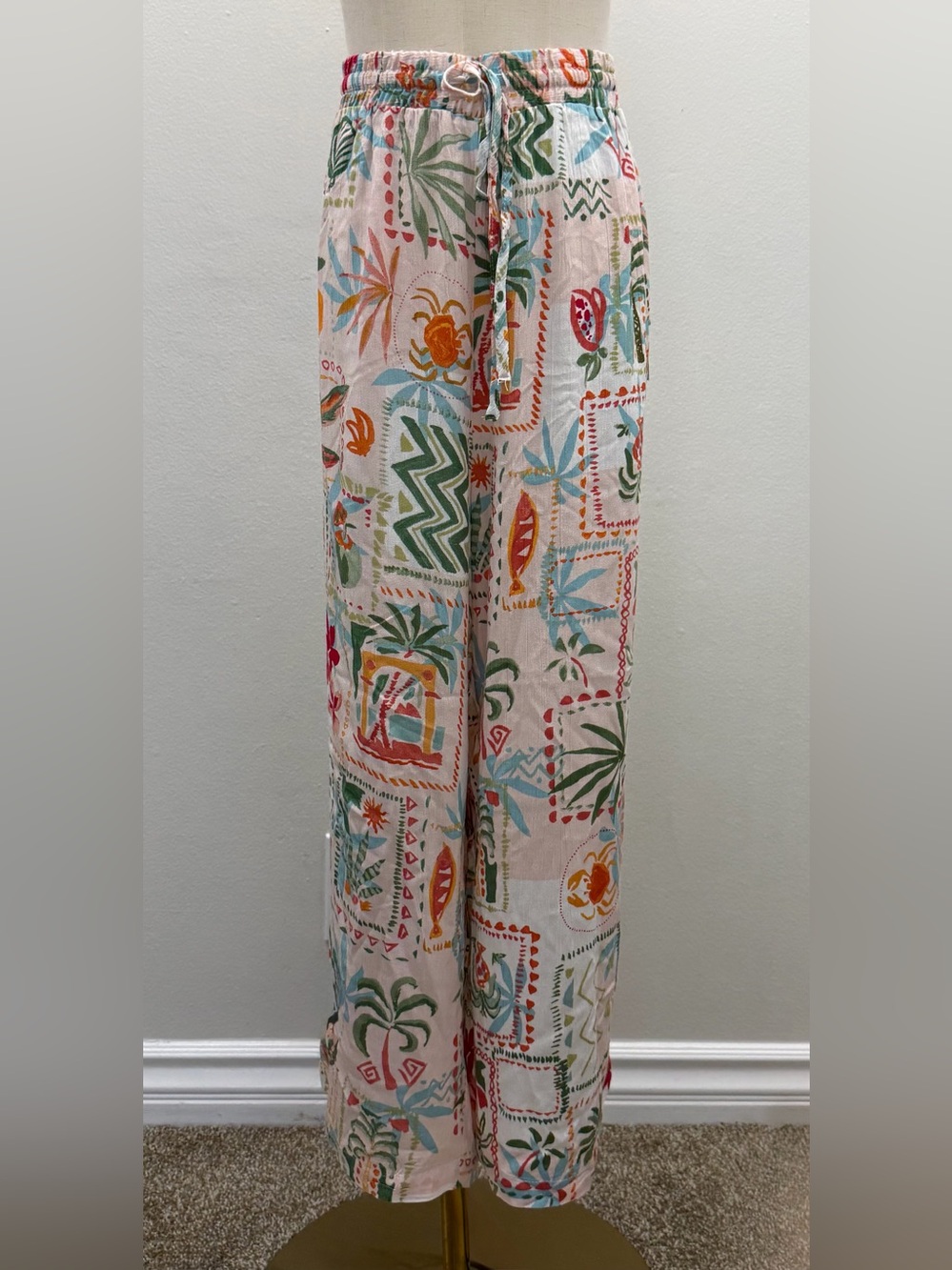 NWT Sabrina Lauren Tropical Beach Print Wide Leg Pants Plus Size PXL Rayon